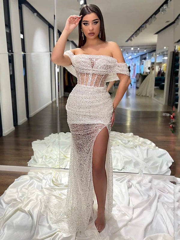 Sexy Sparkly White Off the Shoulder Side-Slit Mermaid Long Prom Dress, AlineBridal Sexy Sparkly White Off the Shoulder Side-Slit Mermaid Long Prom Dress, AlineBridal