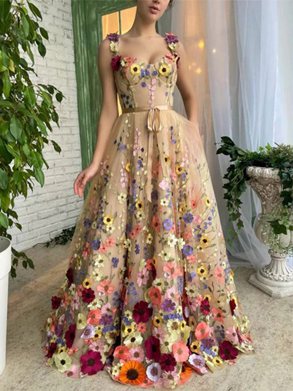 Floral Elegant Champagne A-line Spaghetti Straps Long Prom Dress, PD35 AlineBridal Floral Elegant Champagne A-line Spaghetti Straps Long Prom Dress, PD35 AlineBridal