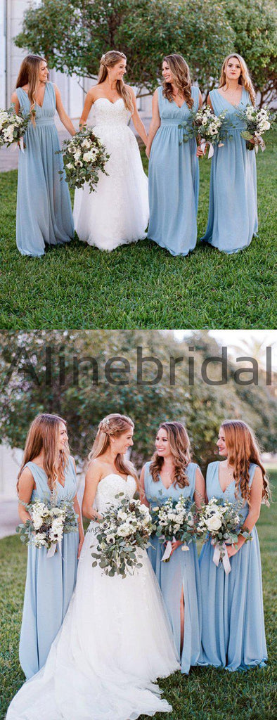 Pale Blue Chiffon Sleeveless V-neck Slit Long Bridesmaid Dresses , AB4127