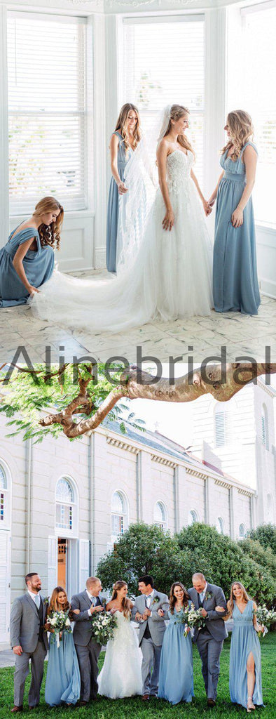 Pale Blue Chiffon Sleeveless V-neck Slit Long Bridesmaid Dresses , AB4127