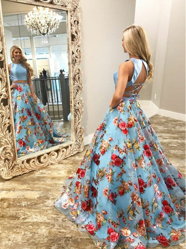 Pale Blue Floral Prints Lace Up Back Prom Dresses PD00147