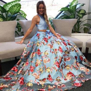 Pale Blue Floral Prints Lace Up Back Prom Dresses,PD00147  AlineBridal