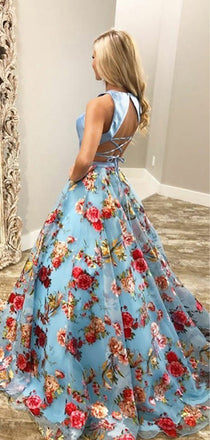 Pale Blue Floral Prints Lace Up Back Prom Dresses,PD00147