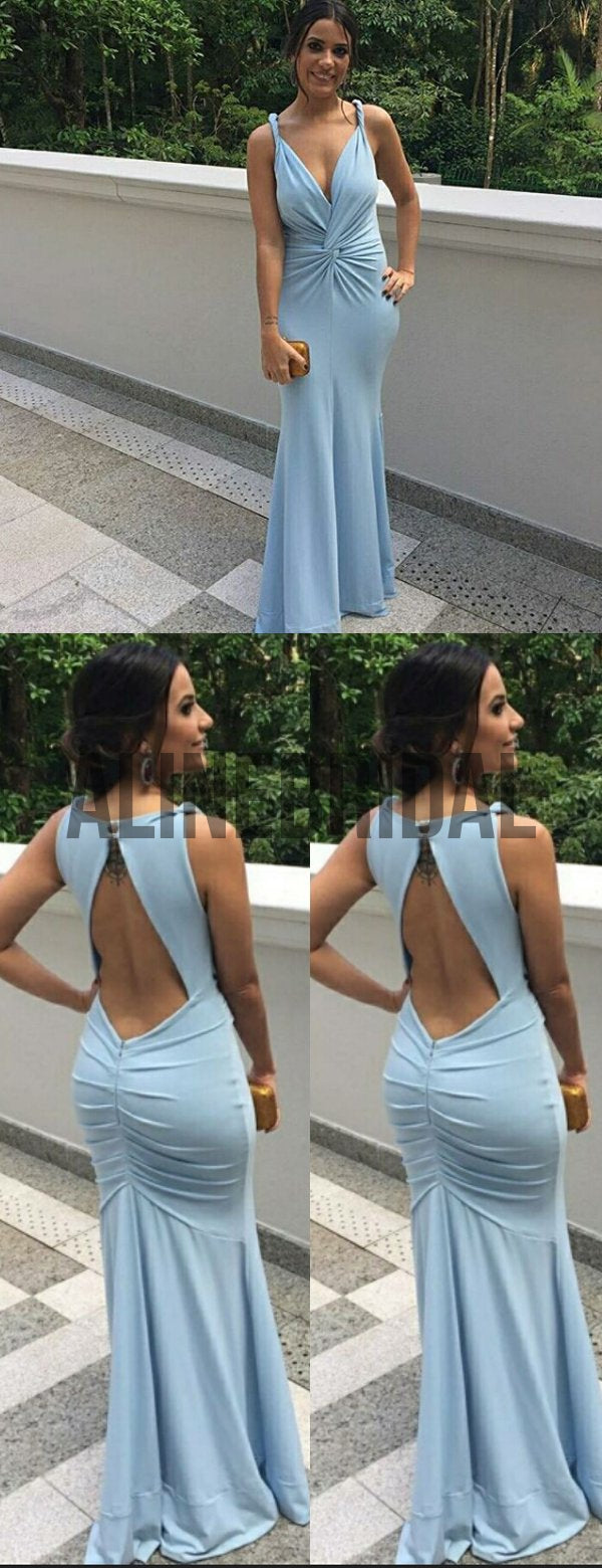 Pale Blue Jersey Open Back Mermaid Bridesmaid Dresses AB4013 AlineBridal