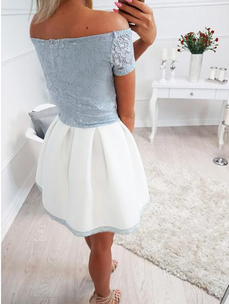 Pale Blue Lace Ivory Satin Off Shoulder Short Sleeve Homecoming Dresses,BD0061
