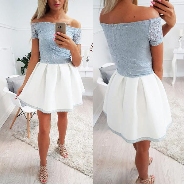 Pale Blue Lace Ivory Satin Off Shoulder Short Sleeve Homecoming Dresse AlineBridal Pale Blue Lace Ivory Satin Off Shoulder Short Sleeve Homecoming Dresse AlineBridal
