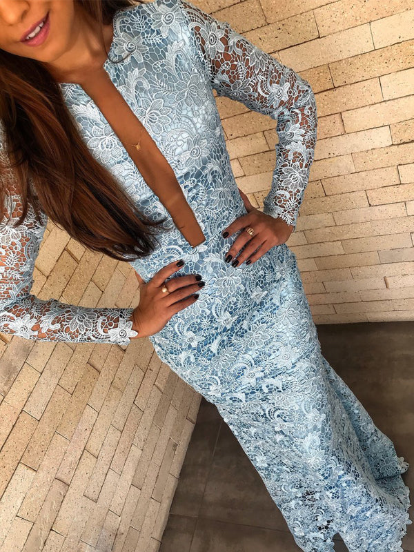 Gorgeous Deep V-neck Illusion Back Blue Lace Prom Dress with Long Slee AlineBridal Gorgeous Deep V-neck Illusion Back Blue Lace Prom Dress with Long Slee AlineBridal