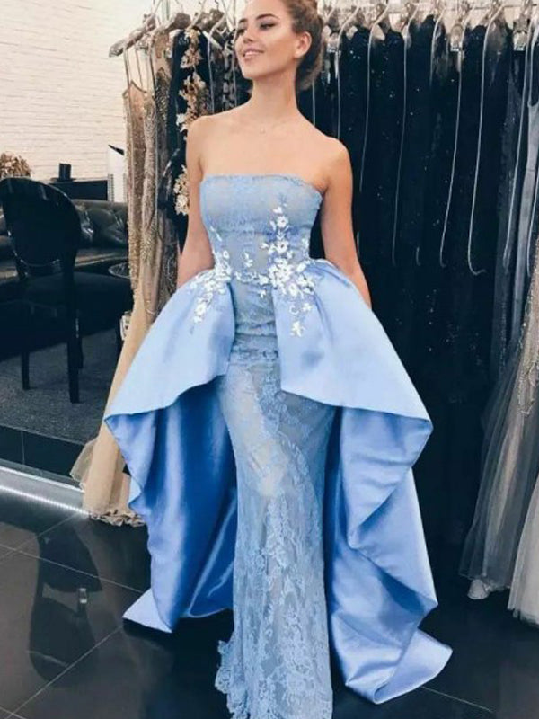 Pale Blue Lace Satin Straplee Dechable Overskirt Fashion Prom Dresses –  AlineBridal
