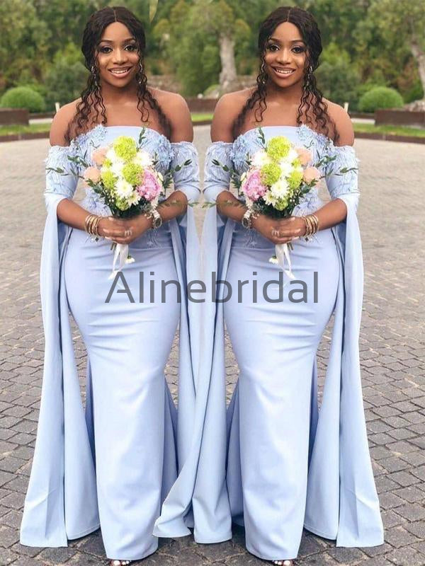 Pale Blue Off Shoulder Unique Long Sleeve Mermaid Bridesmaid Dresses, AlineBridal Pale Blue Off Shoulder Unique Long Sleeve Mermaid Bridesmaid Dresses, AlineBridal