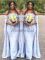 Pale Blue Off Shoulder Unique Long Sleeve Mermaid Bridesmaid Dresses, AB4096