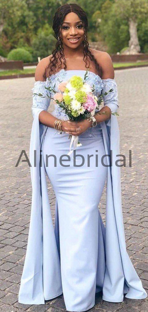 Pale Blue Off Shoulder Unique Long Sleeve Mermaid Bridesmaid Dresses, AlineBridal Pale Blue Off Shoulder Unique Long Sleeve Mermaid Bridesmaid Dresses, AlineBridal