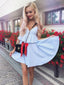 Pale Blue Satin Spaghetti Strap Ruffles Waist Homecoming Dresses,HD0058