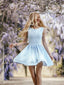 Pale Blue Satin With Pearl Neckline Sleeveless Homecoming Dresses,HD0066