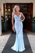 Pale Blue Soft Satin Applique Beading Mermaid Spaghetti Strap Prom Dresses.PD00218