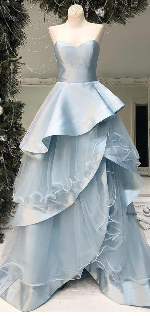 Pale Blue Tiered Ball Gown Sweetheart Strapless Prom Dresses ,PD00297