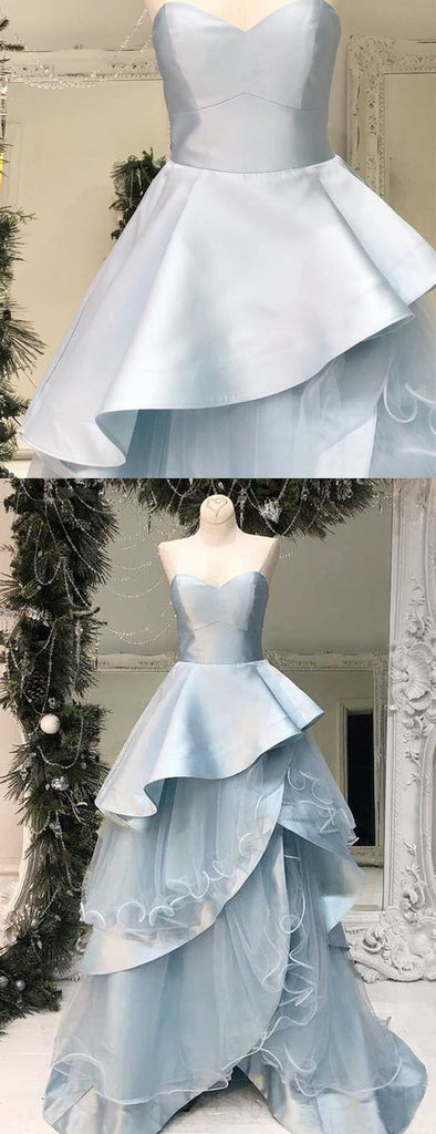 Pale Blue Tiered Ball Gown Sweetheart Strapless Prom Dresses ,PD00297