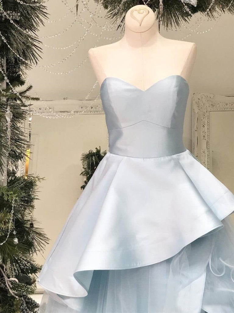 Pale Blue Tiered Ball Gown Sweetheart Strapless Prom Dresses ,PD00297