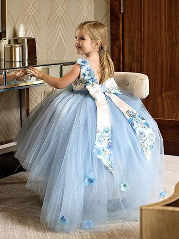 Pale Blue Tulle Floral Satin Bowknot Ball Gown Flower Girl Dresses, FG –  AlineBridal