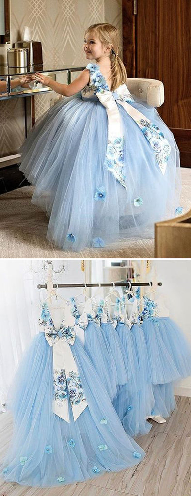 Pale Blue Tulle Floral Satin Bowknot Ball Gown Flower Girl Dresses, FGS138