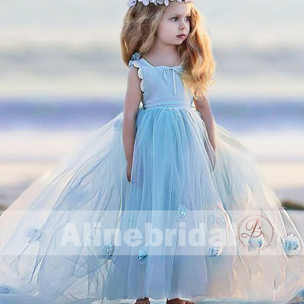 Pale Blue Tulle Handmade Flowers Sweet TUTU Flower Girl Dresses, FGS079