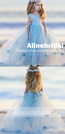 Pale Blue Tulle Handmade Flowers Sweet TUTU Flower Girl Dresses, FGS079
