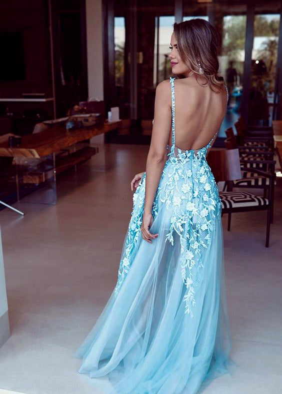 Pale Blue Tulle Lace Applique Illustion A-line Prom Dresses.PD00225 –  AlineBridal