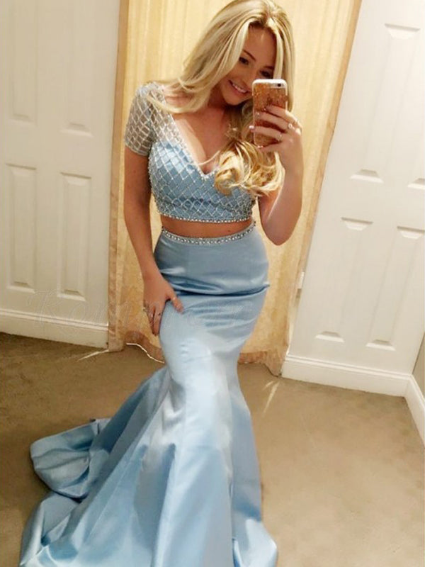 Pale Blue Two Piece Beading Mermaid Prom Dresses ,PD00121 AlineBridal Pale Blue Two Piece Beading Mermaid Prom Dresses ,PD00121 AlineBridal