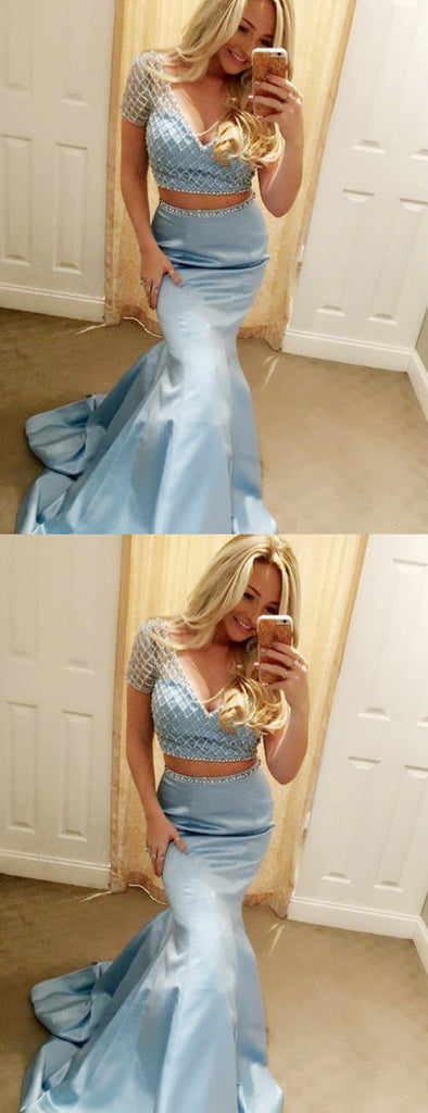 Pale Blue Two Piece Beading Mermaid Prom Dresses ,PD00121