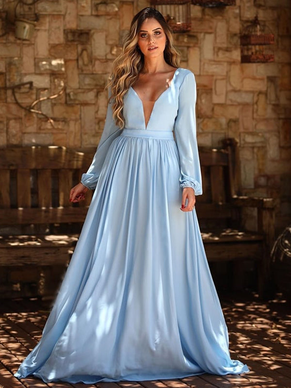 Satin long discount sleeve prom dress