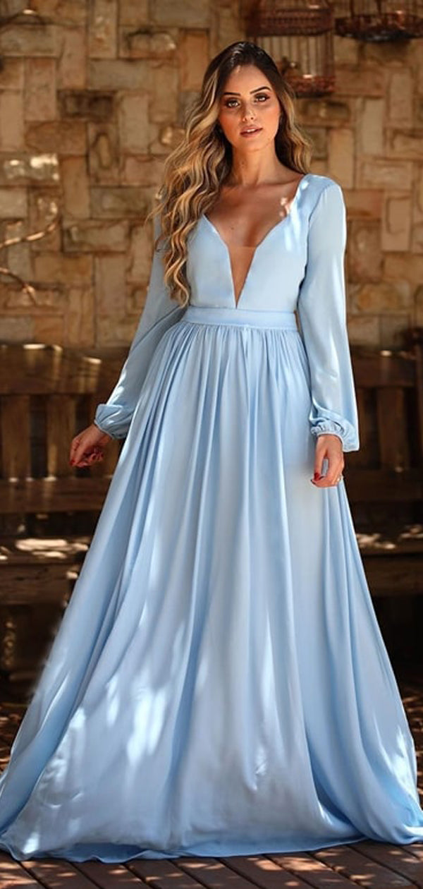 Pale Bule Satin Chiffon Long Sleeve A-line Prom Dresses,PD00348 AlineBridal Pale Bule Satin Chiffon Long Sleeve A-line Prom Dresses,PD00348 AlineBridal