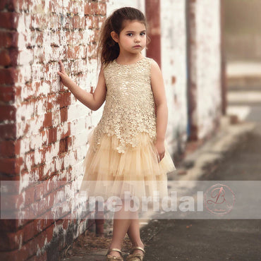 Pastel Yellow Floral Lace Tiered Flower Girl Dresses, FGS083