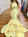 Pastel Yellow Satin Criss-cross Open Back Tiered Mermaid Prom Dresses,PD00378