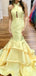 Pastel Yellow Satin Criss-cross Open Back Tiered Mermaid Prom Dresses,PD00378