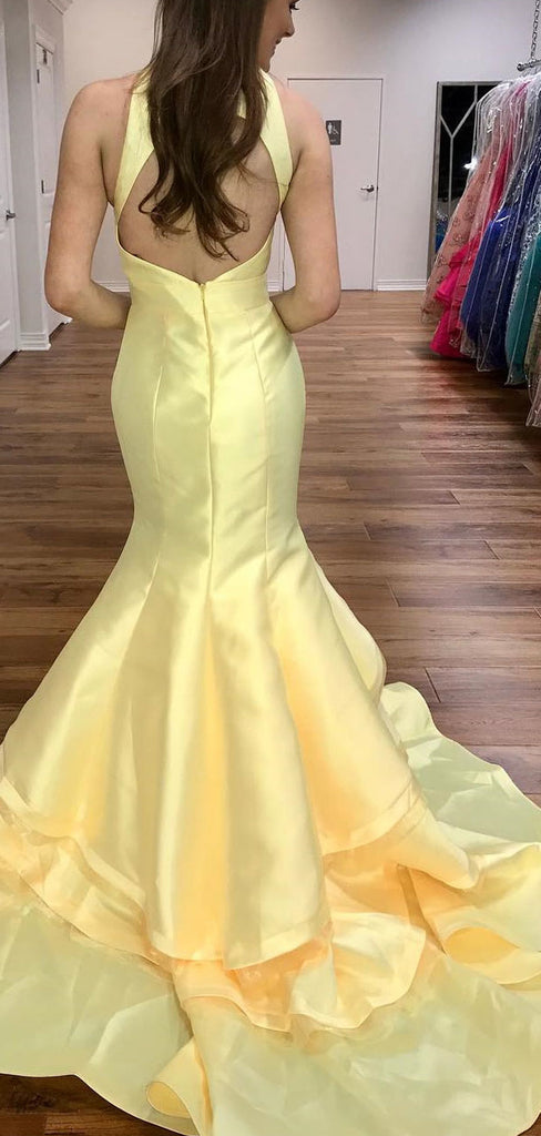 Pastel Yellow Satin Criss-cross Open Back Tiered Mermaid Prom Dresses,PD00378
