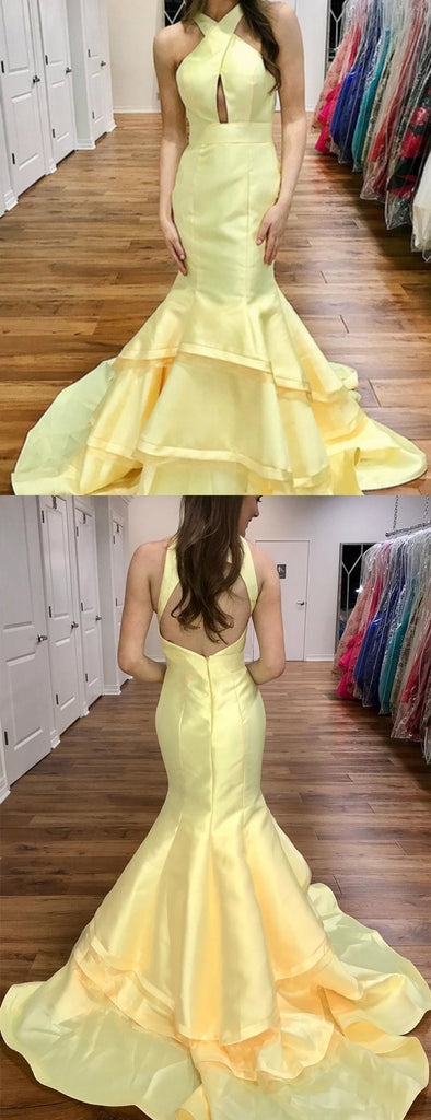 Pastel Yellow Satin Criss-cross Open Back Tiered Mermaid Prom Dresses,PD00378