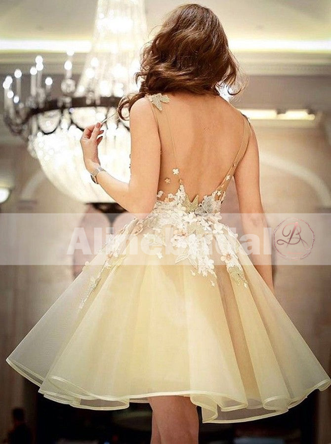 Pastel Yellow Sweet Flower Appliques Backless Sleeveless Homecoming Dresses,BD00226