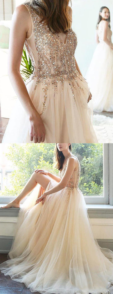 Pastel Yellow Tulle Beading V-neck Sleeveless Prom Dresses.PD00274