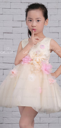 Pastel Yellow Tulle Handmade Flower Scoop Neck Cute Flower Girl Dresses, FGS132