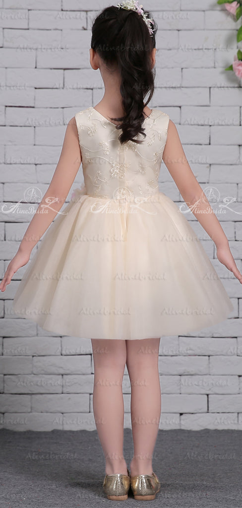 Pastel Yellow Tulle Handmade Flower Scoop Neck Cute Flower Girl Dresses, FGS132