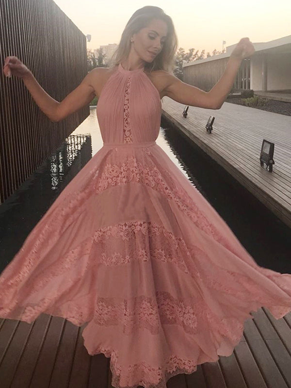 Peach Lace Chiffon Halter A-line Elegant Prom Dresses.PD00253