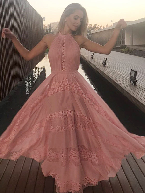 Peach Lace Chiffon Halter A line Elegant Prom Dresses.PD00253
