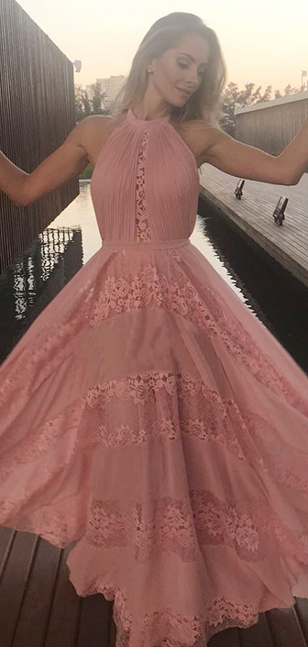 Elegant Halter Lace Applique Pink Chiffon A-line Prom Dress, PD00253 AlineBridal Elegant Halter Lace Applique Pink Chiffon A-line Prom Dress, PD00253 AlineBridal
