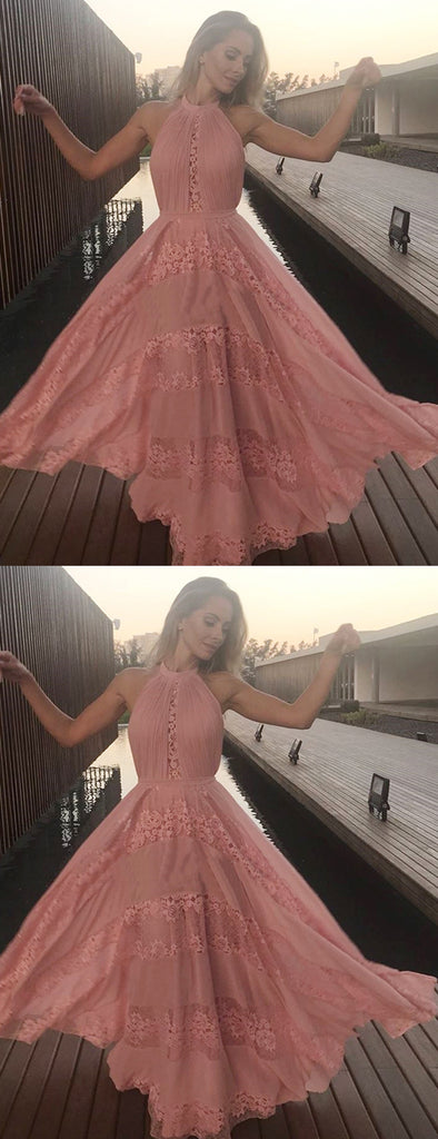 Peach Lace Chiffon Halter A-line Elegant Prom Dresses.PD00253