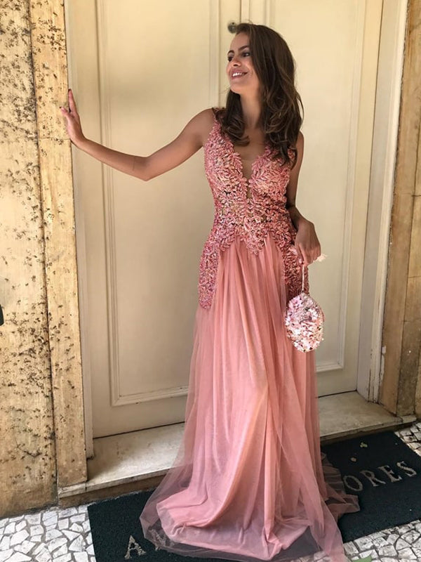 Peach Lace Tulle Sleeveless V-neck Long Prom Dresses,PD00381 AlineBridal Peach Lace Tulle Sleeveless V-neck Long Prom Dresses,PD00381 AlineBridal