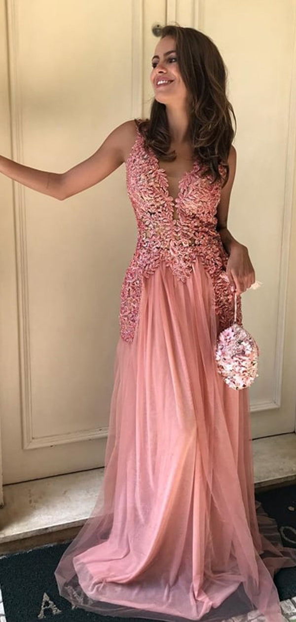 Peach Lace Tulle Sleeveless V-neck Long Prom Dresses,PD00381 – AlineBridal