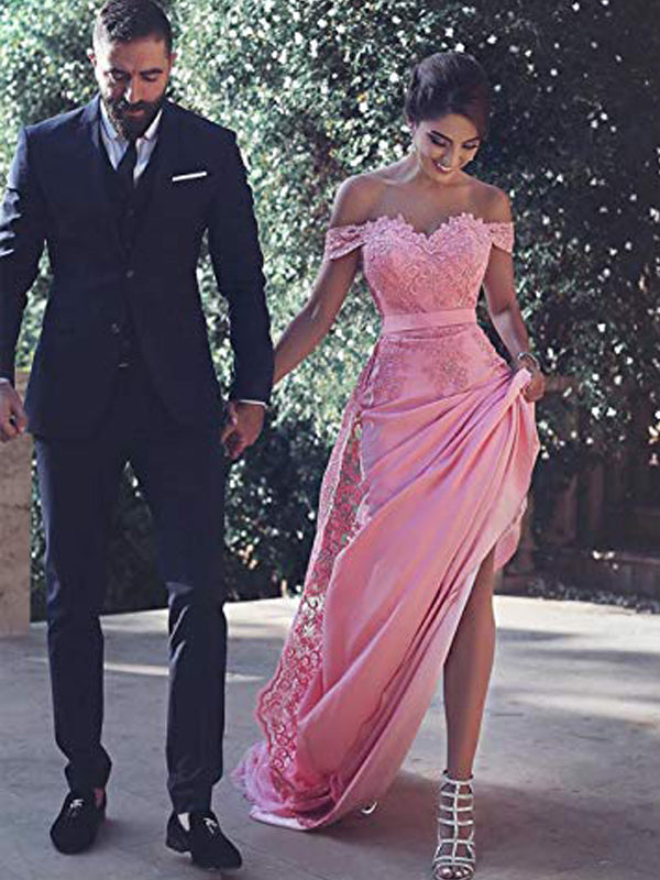 Fairy Pink Tulle Off Shoulder Cute Prom Dress Long With Train Wholesale  #T79011 - GemGrace.com
