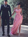 Peach Pink Off The Shoulder Lace Elegant Unique Formal Prom Gown Dresses. AB020