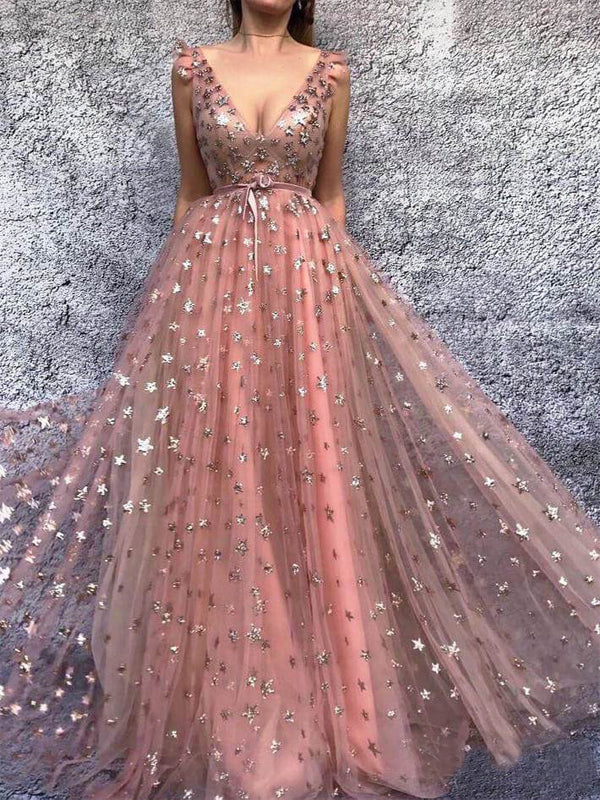 Sparkly Peach Pink Star Sequins A-line Tulle Prom Dress, PD00287 AlineBridal Sparkly Peach Pink Star Sequins A-line Tulle Prom Dress, PD00287 AlineBridal