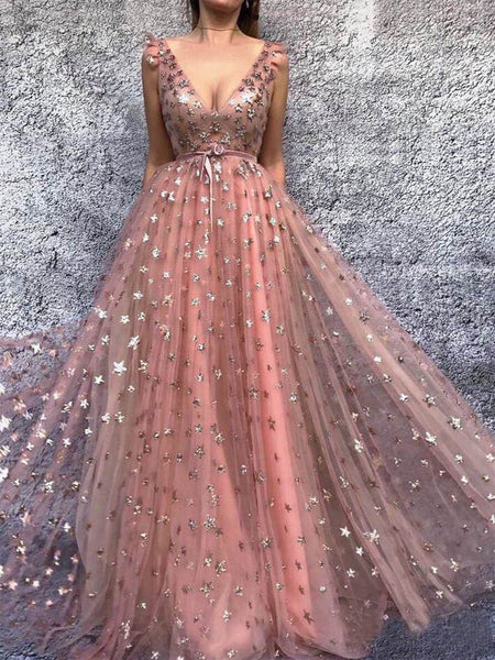 Sparkly Peach Pink Star Sequins A-line Tulle Prom Dress, PD00287 – AlineBridal