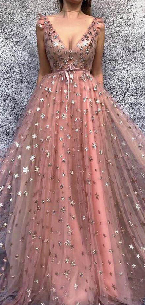 Peach Sparkly Star Sequin Tulle A-line Prom Dresses .PD00287